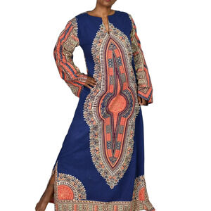 Vintage Dashiki Pakistan Caftan Dress Blue Kaftan Maxi Dress Side Slits Medium
